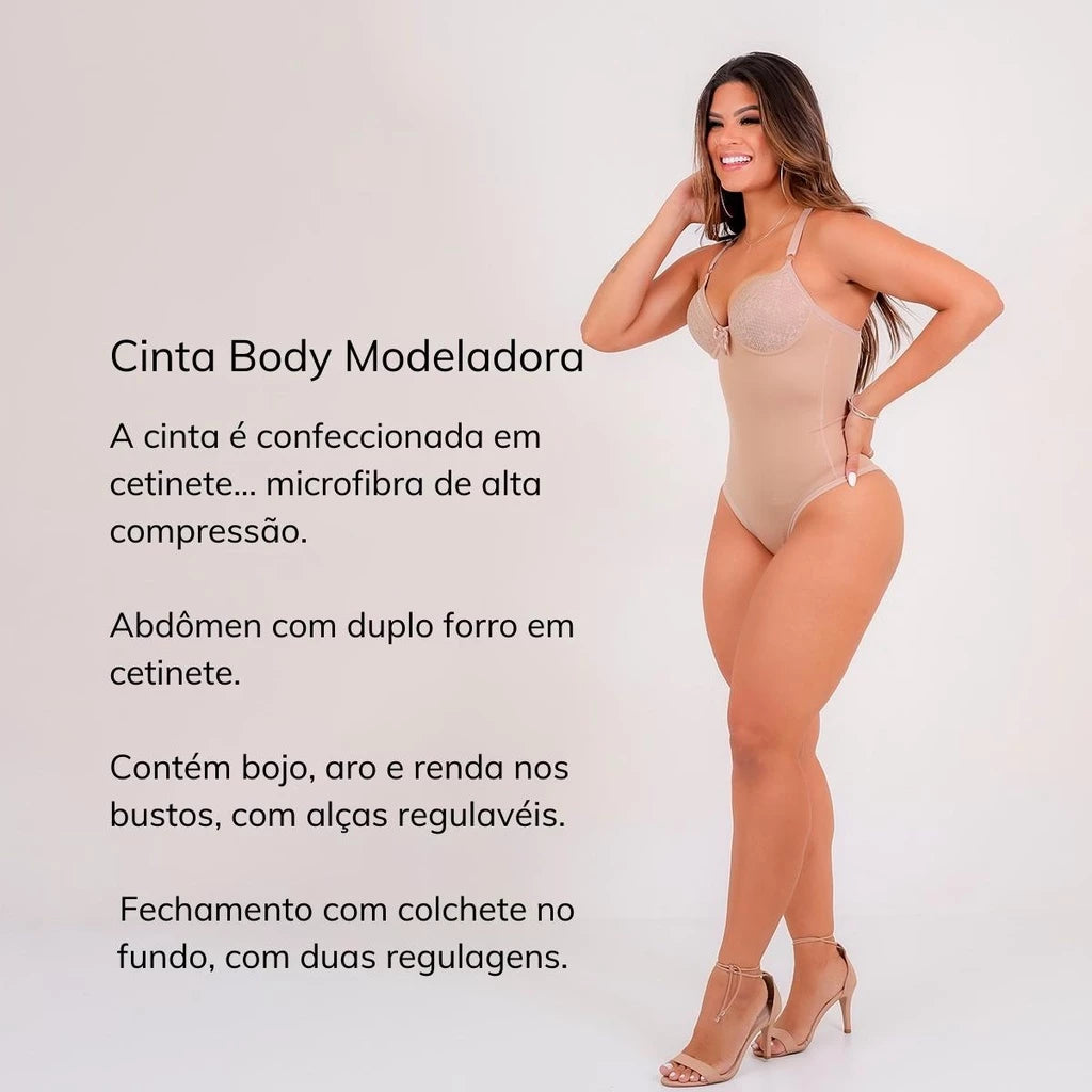 Cinta body modeladora feminina com bojo em cetinete alta compressão reforçado